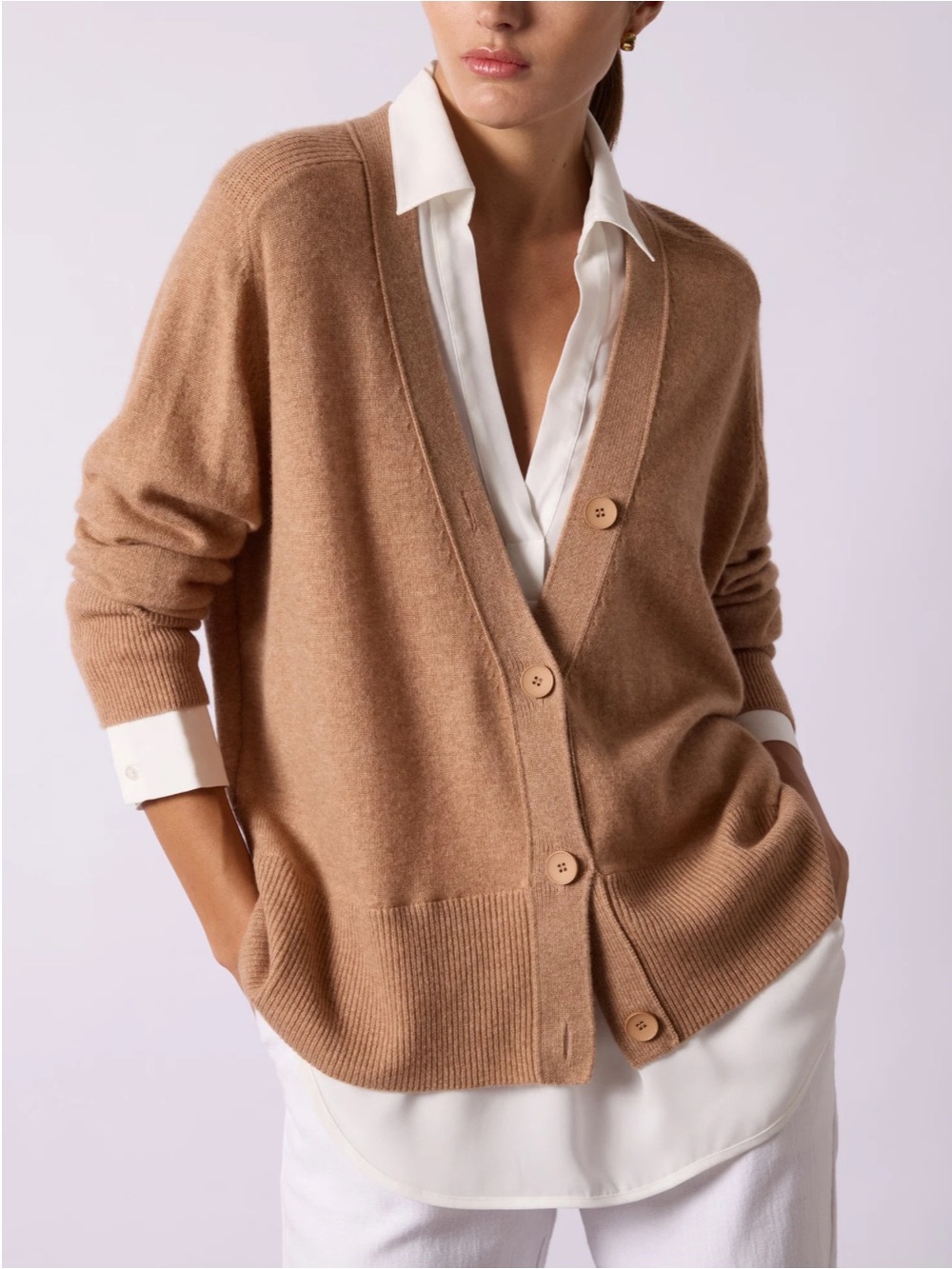 Brochu Walker The Callie Layered Looker Cashmere Cardigan Size M Camel and White